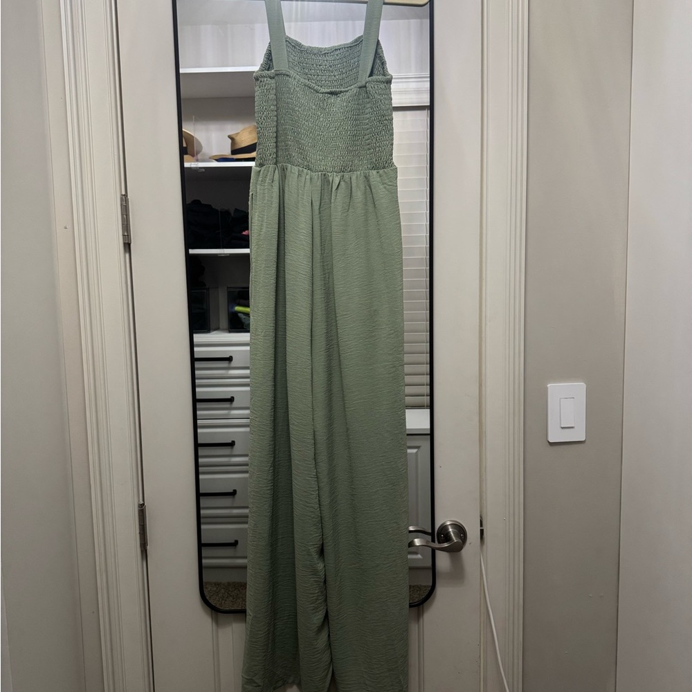 Sage Green Wide-Leg Jumpsuit with Smocked Bodice w/Pockets! - Picture 5 of 7
